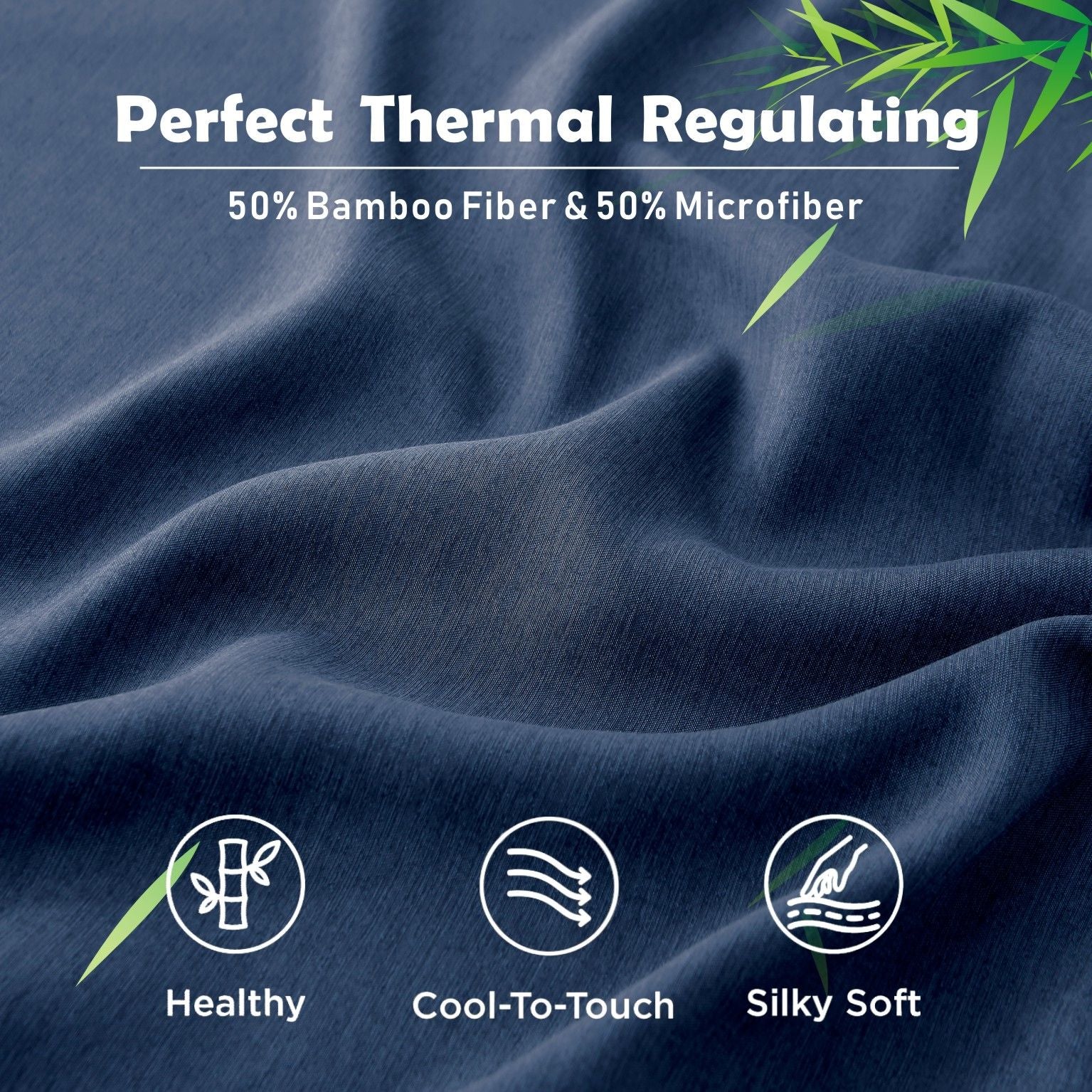 3 Piece Bamboo Blend Cooling Fitted Sheet Set with Pillowcases - Navy Double