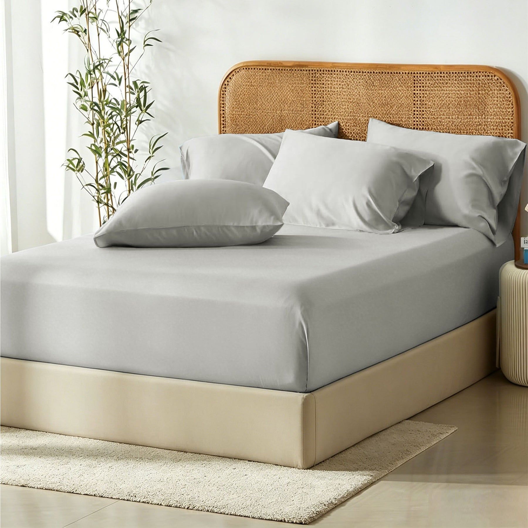 3 Piece Bamboo Blend Cooling Fitted Sheet Set with Pillowcases - Silver Grey Double