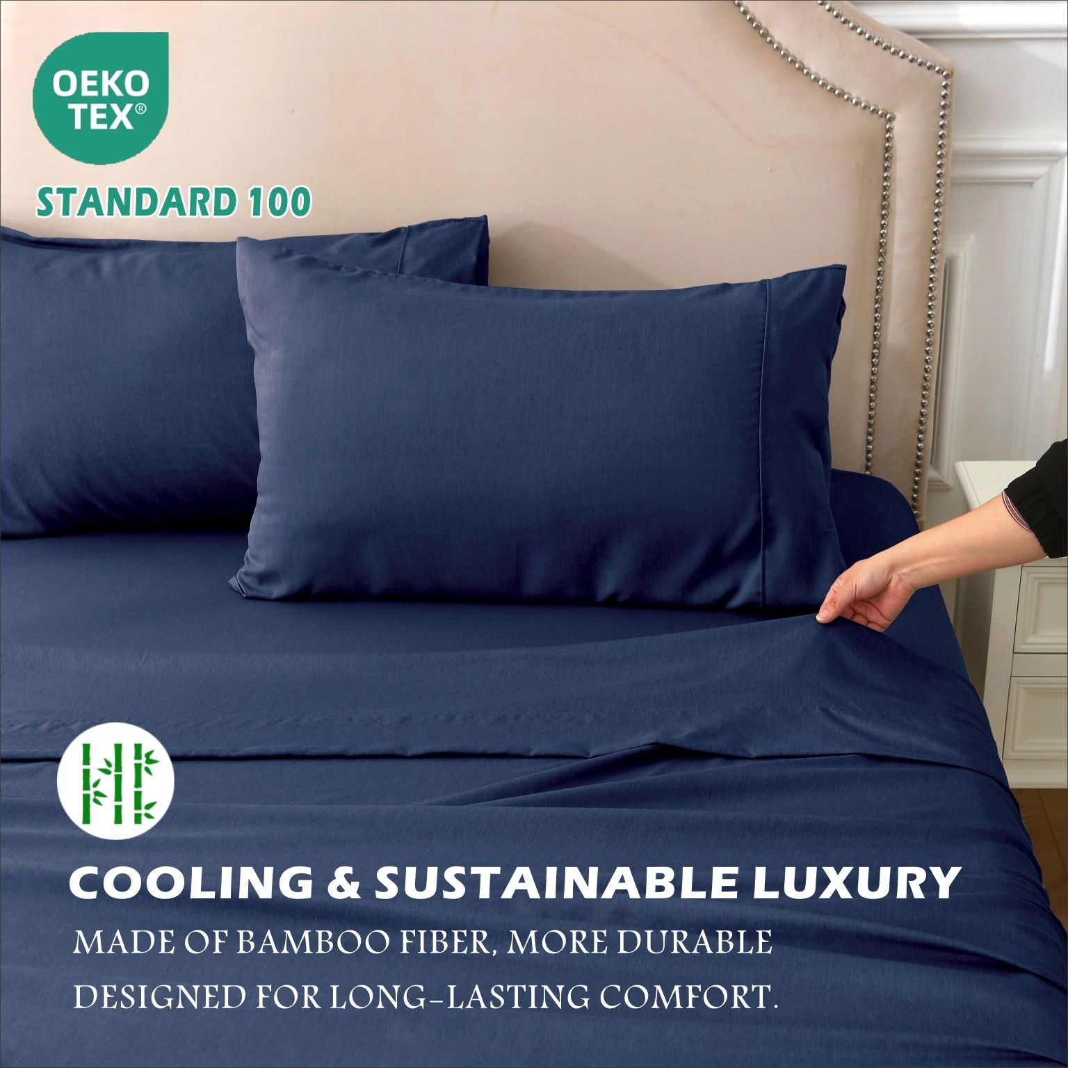 2000TC Bamboo Blend Cooling Sheet Set - 4 Piece, Navy, Double