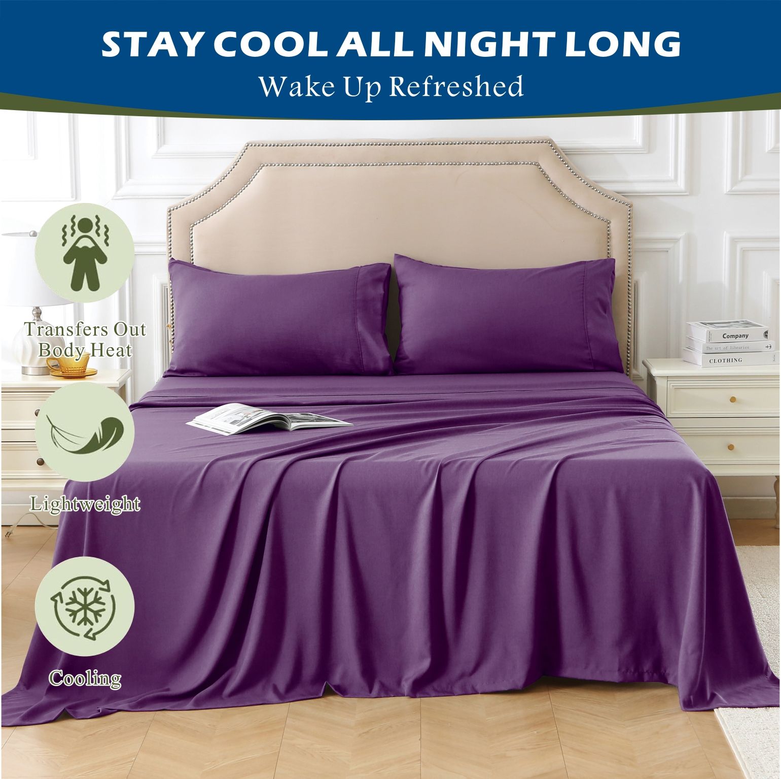 2000TC Bamboo Blend Cooling Sheet Set - 4 Piece, Purple, Double