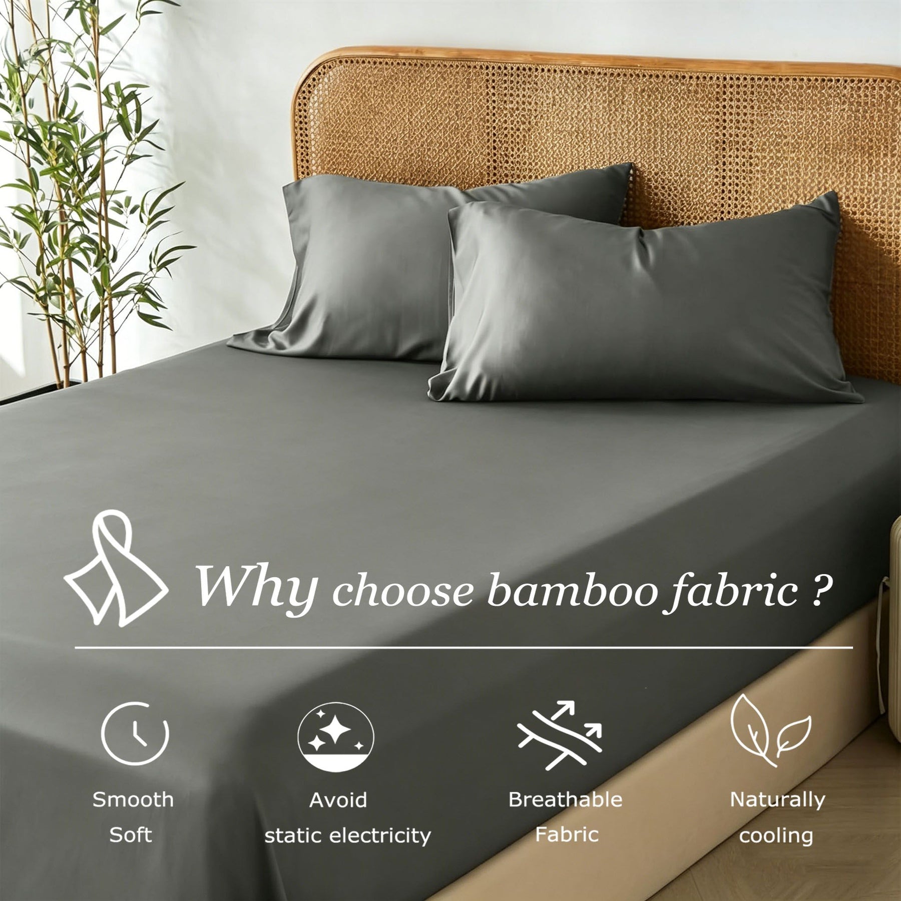 3 Piece Bamboo Blend Cooling Fitted Sheet Set with Pillowcases - Grey King