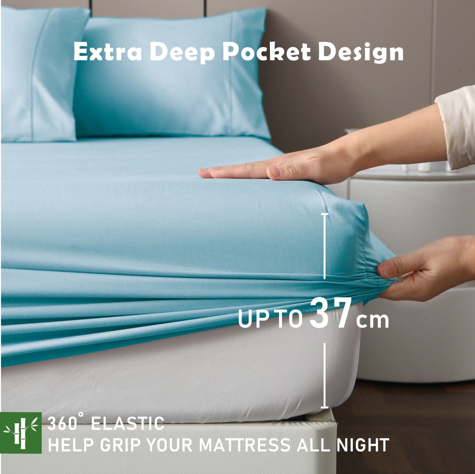3 Piece Bamboo Blend Cooling Fitted Sheet Set with Pillowcases - Sky Blue King