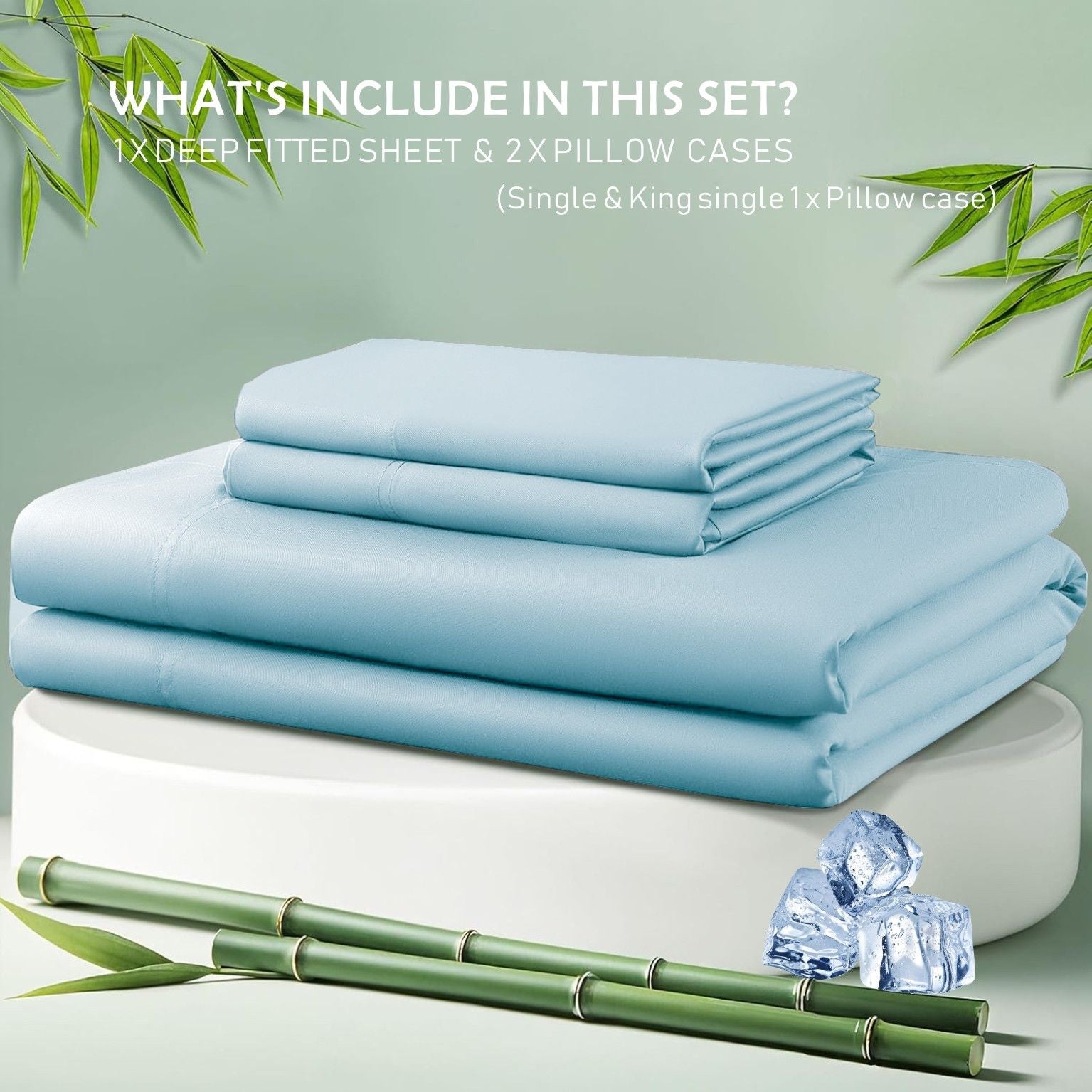 3 Piece Bamboo Blend Cooling Fitted Sheet Set with Pillowcases - Sky Blue King