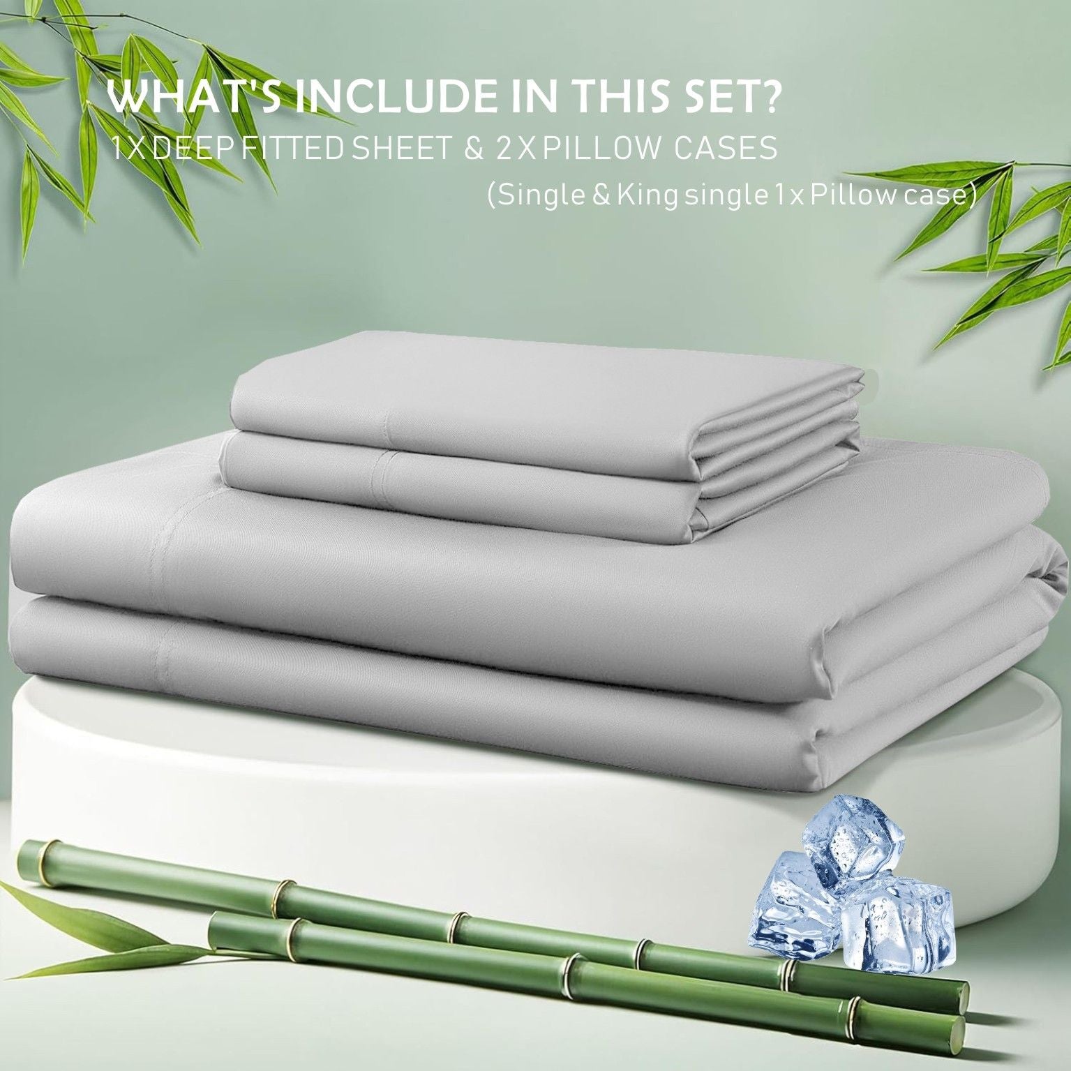 3 Piece Bamboo Blend Cooling Fitted Sheet Set with Pillowcases - Silver Grey King