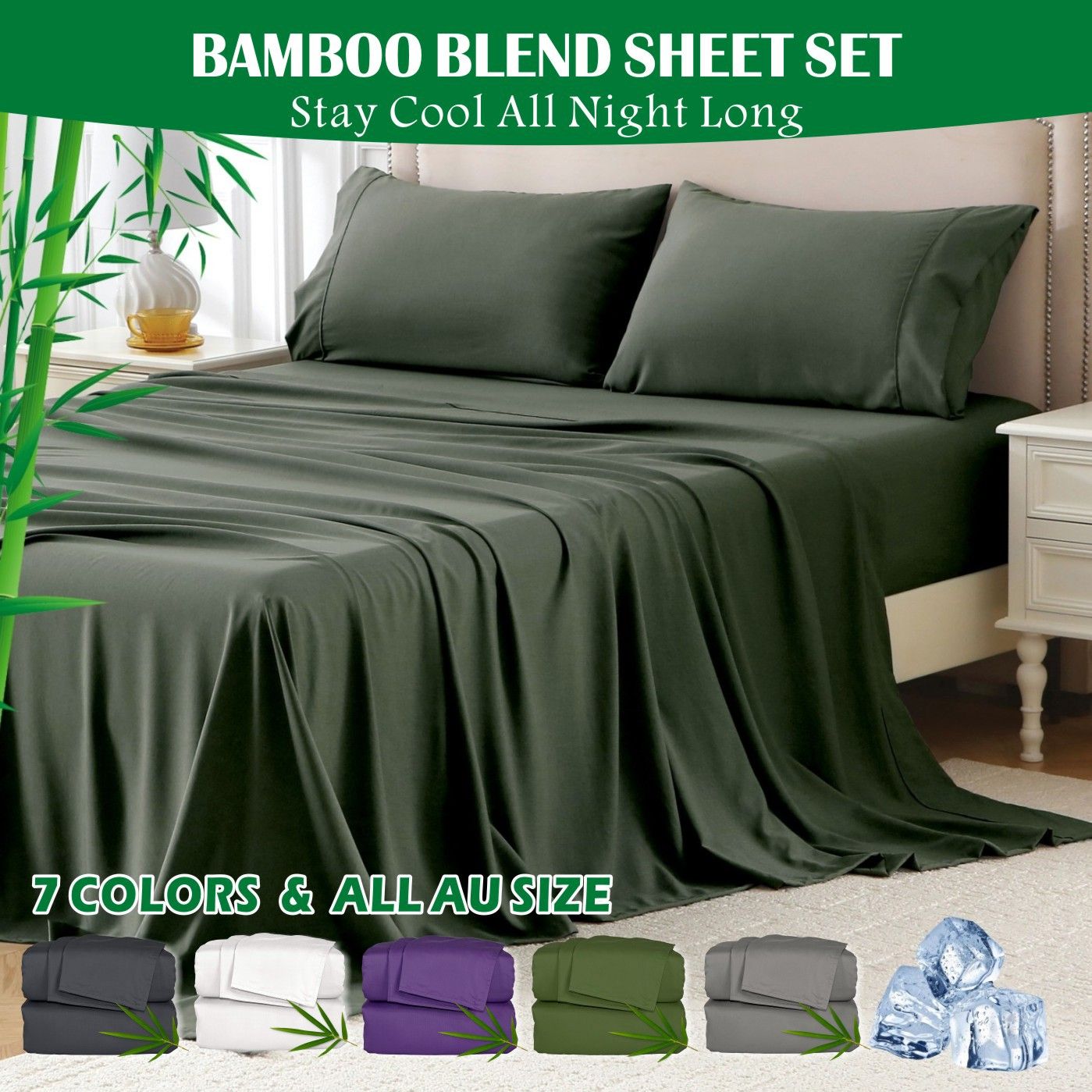 2000TC Bamboo Blend Cooling Sheet Set - 4 Piece, Olive Green, King