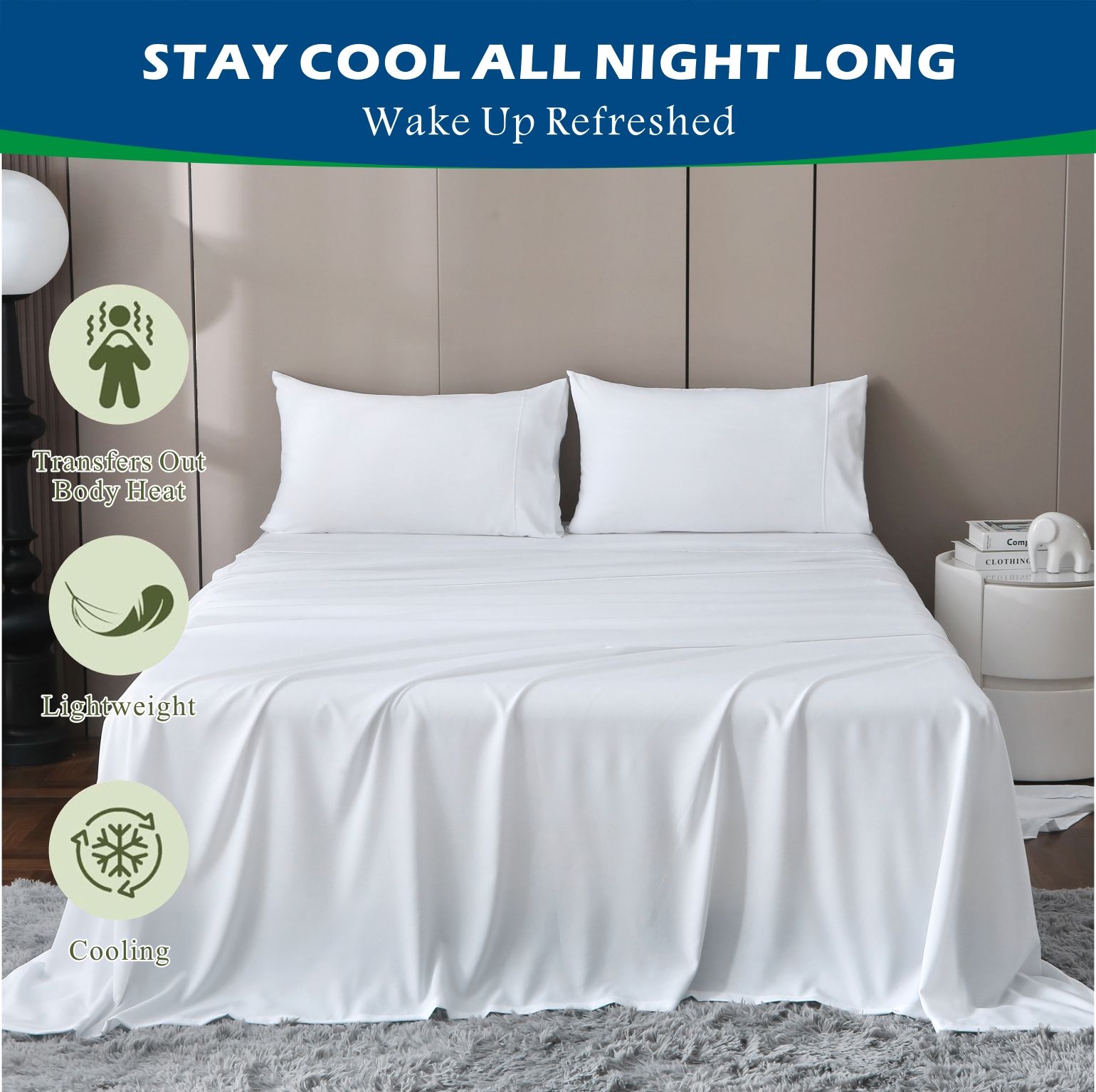 2000TC Bamboo Blend Cooling Sheet Set - 4 Piece, White, Queen