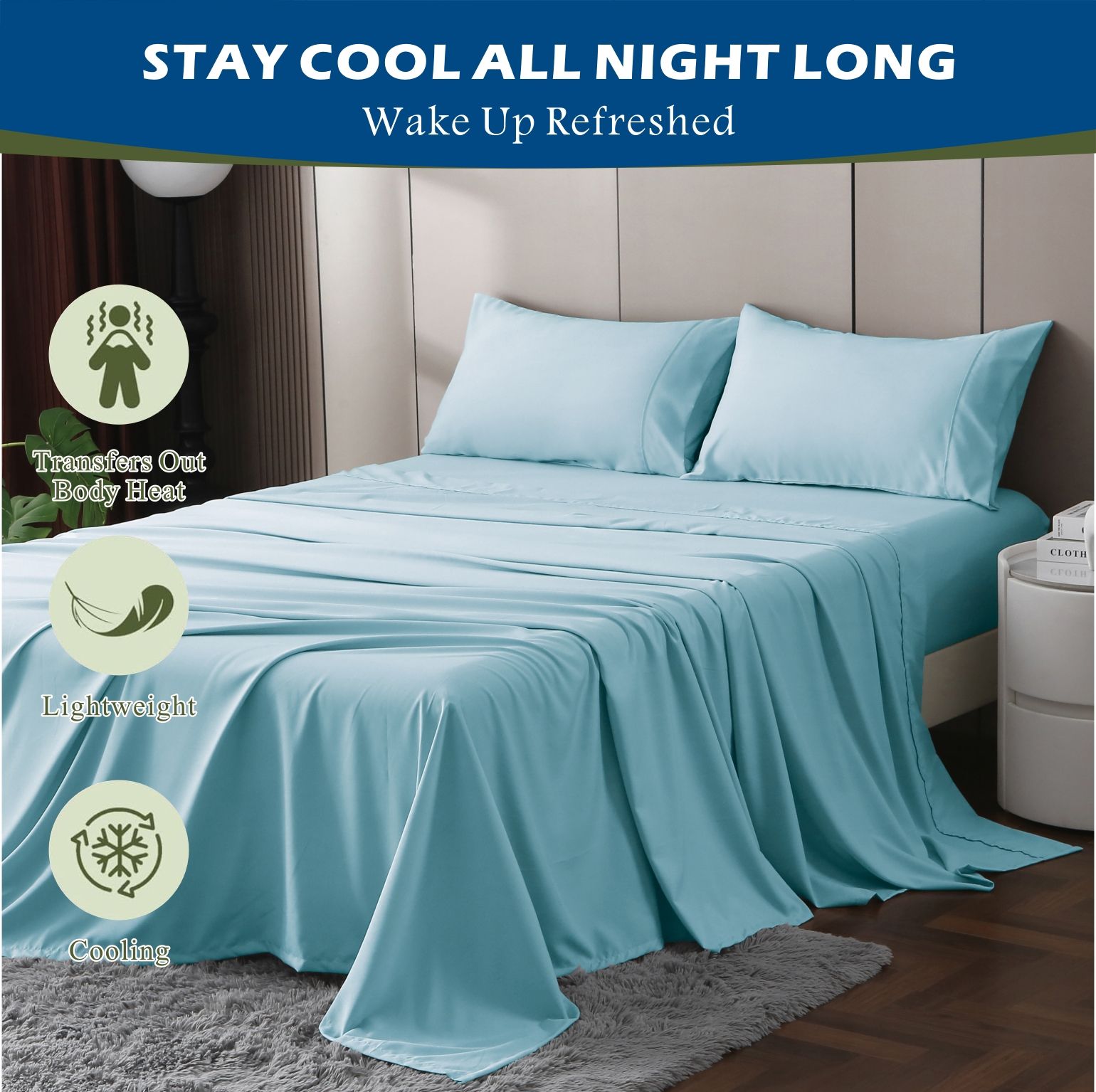 2000TC Bamboo Blend Cooling Sheet Set - 4 Piece, Sky Blue, Queen