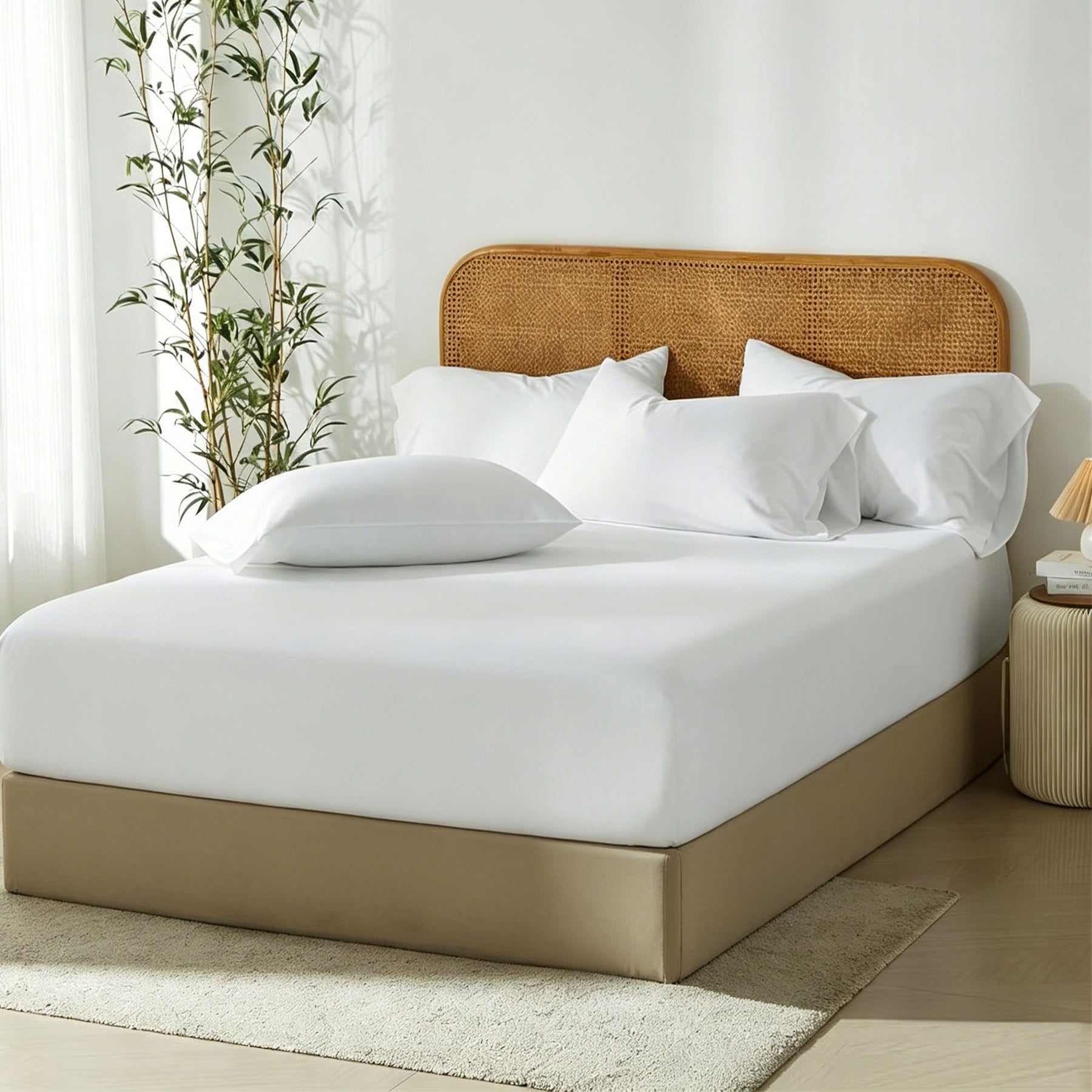 3 Piece Bamboo Blend Cooling Fitted Sheet Set with Pillowcases - White Super King