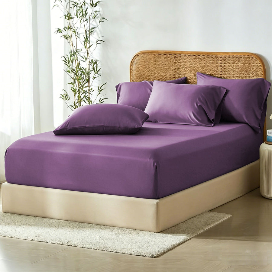 3 Piece Bamboo Blend Cooling Fitted Sheet Set with Pillowcases - Purple Super King