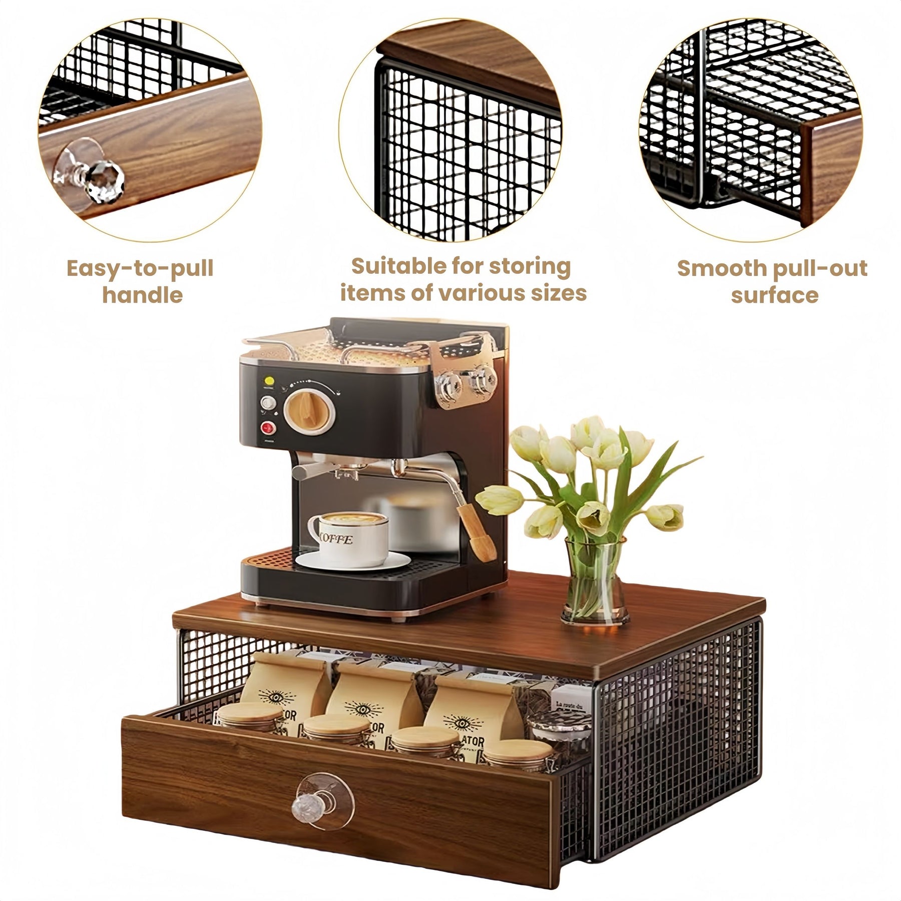 Coffee Machine Stand with Capsule Drawer and Wire Basket