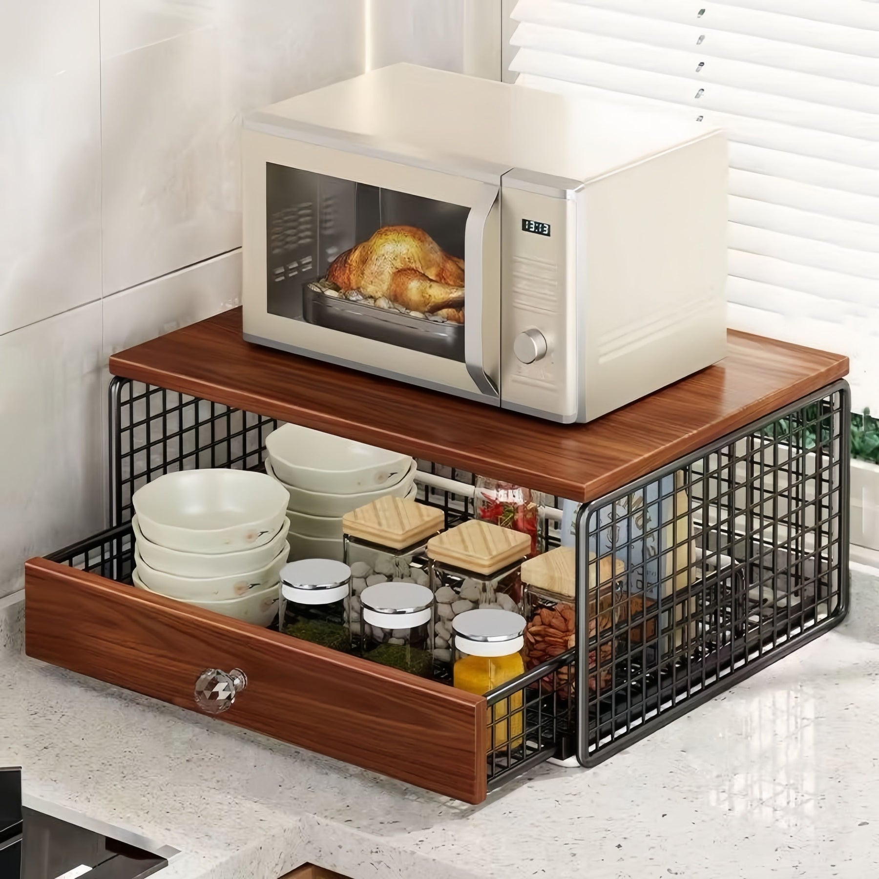 Coffee Machine Stand with Capsule Drawer and Wire Basket