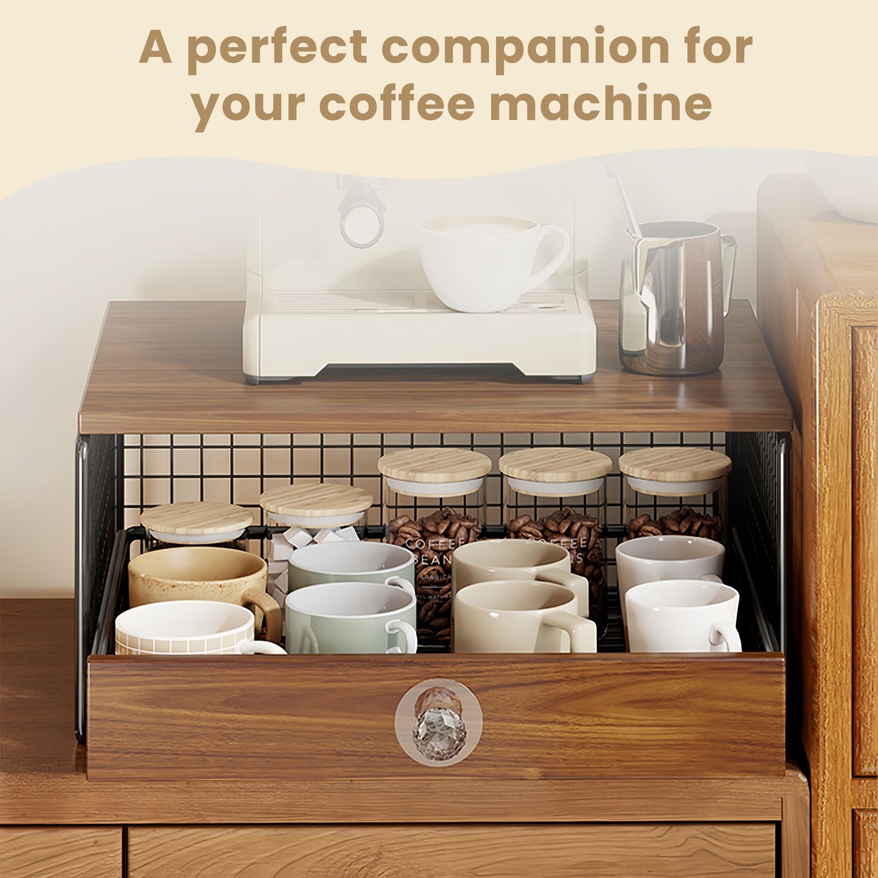 Coffee Machine Stand with Capsule Drawer and Wire Basket