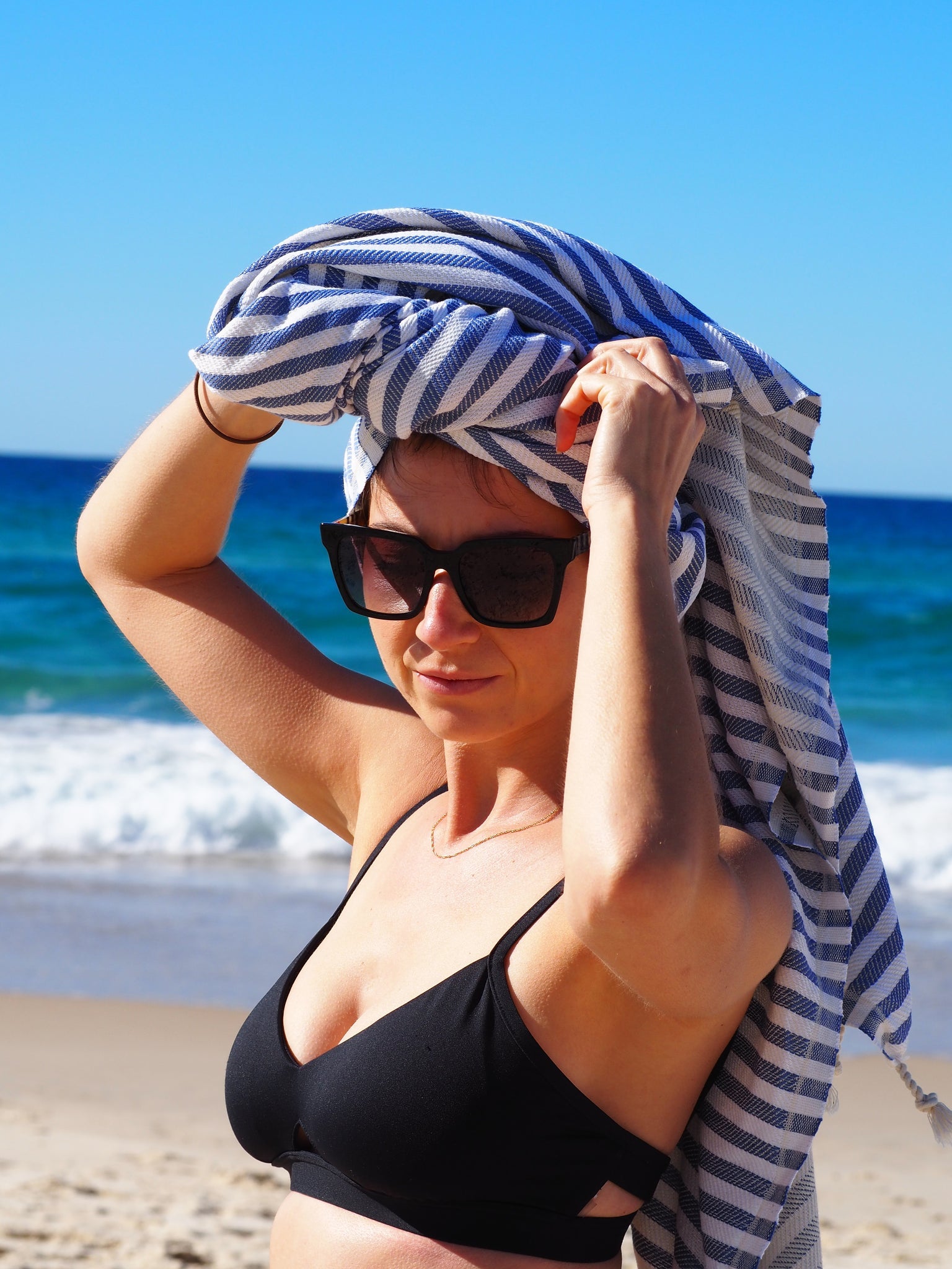Portsea Pure Turkish Cotton Beach Towel - Navy, 100 x 180cm, Quick Drying - SuperSaverAU - view 2