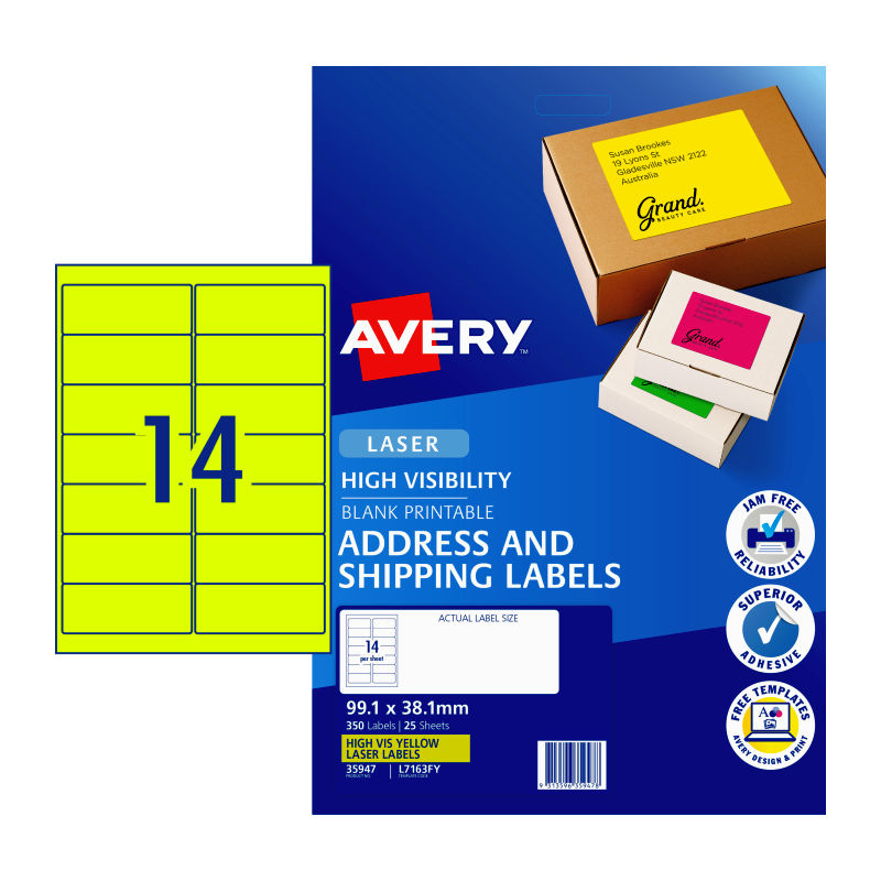 AVERY Yellow Laser Labels L7163F 14-Up 25-Pack for Laser Printers