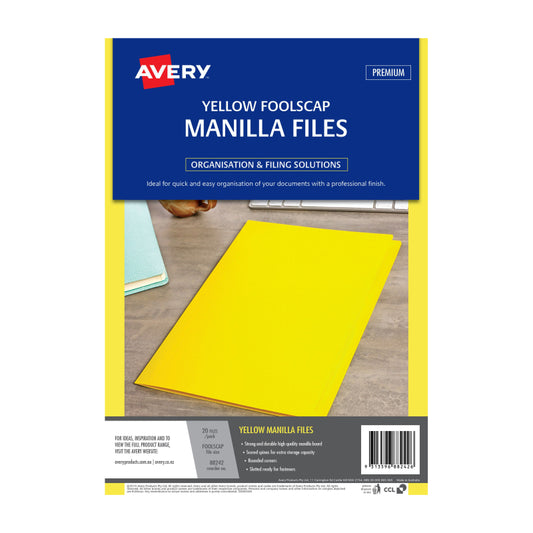 AVERY Manilla Folder Yellow Foolscap Pack of 20 - Strong & Durable for Archiving