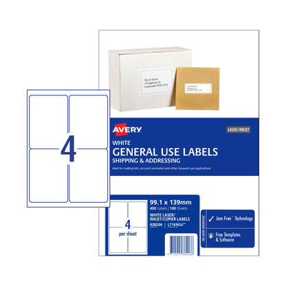AVERY General Purpose Labels 4Up 100 Box