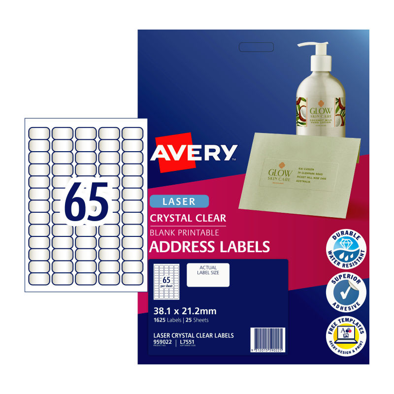 AVERY Clear Laser Label L7551 65-Up Pack of 25 Sheets