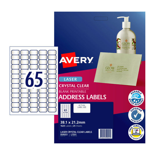 AVERY Clear Laser Label L7551 65-Up Pack of 25 Sheets