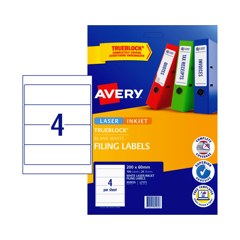 AVERY Laser Label L7171 4-Up Pack of 25 Sheets - SuperSaverAU - view 1