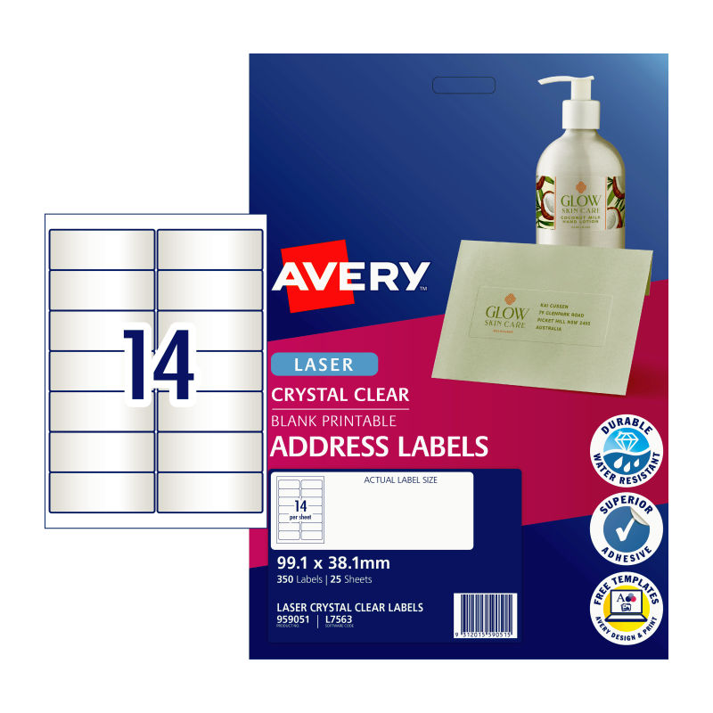AVERY Laser Label Clear L7563 14-Up Pack of 25 Sheets - SuperSaverAU - view 1