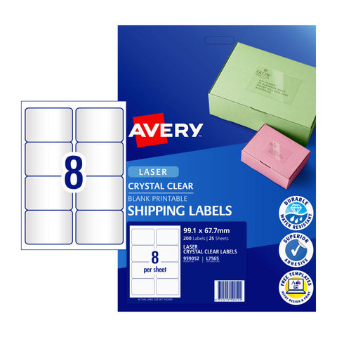 AVERY Laser Label Clear L7565 8-Up Pack of 25 Sheets - SuperSaverAU - view 1