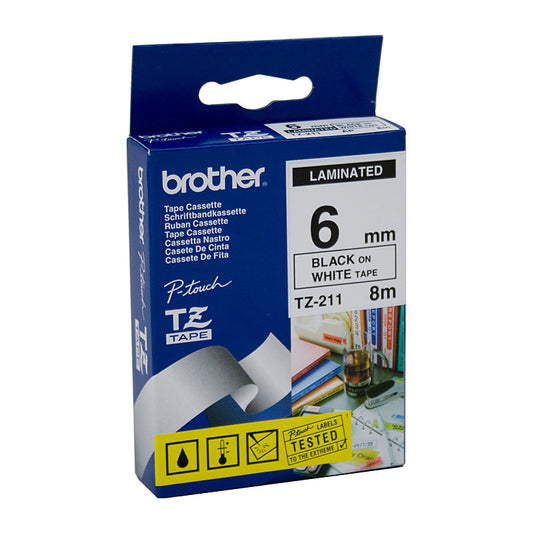 Brother TZe211 Labelling Tape 6mm Black on White - Premium Quality OEM Code