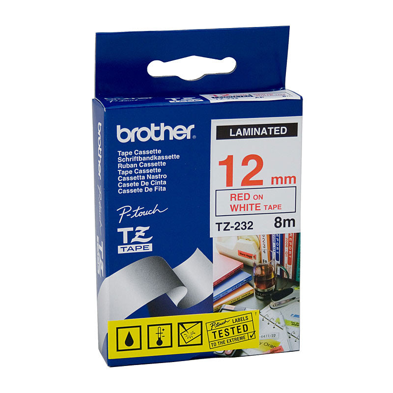 Brother Label Tape 12mm Red on White, OEM TZE-232 for POS Stations