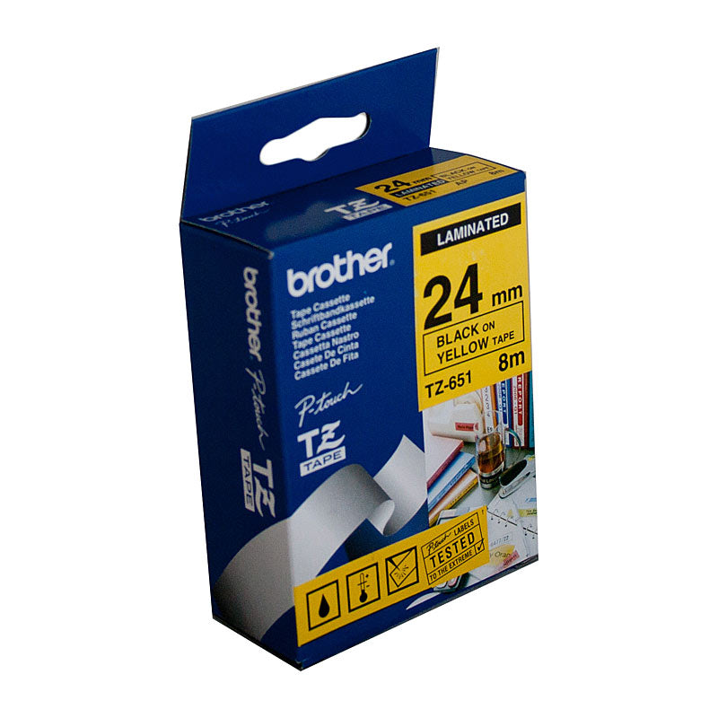 Brother TZe651 Labelling Tape 24mm Black on Yellow - OEM Code TZE-651 - SuperSaverAU - view 1