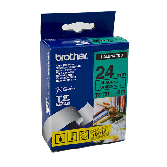 Brother TZe751 Labelling Tape 24mm Black on Green - Premium Quality OEM Code TZE-751
