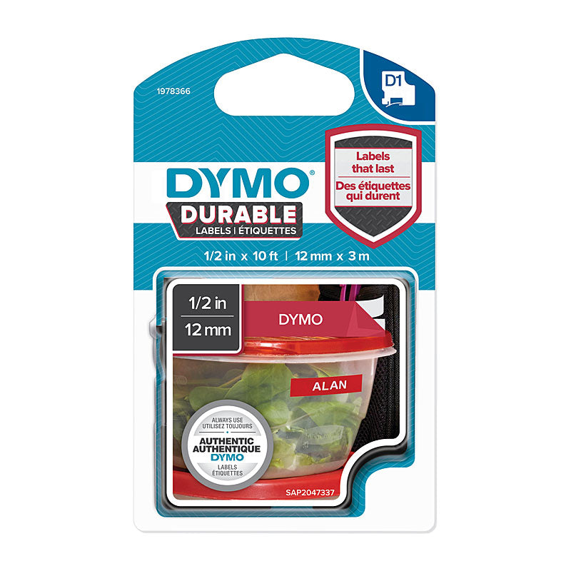 DYMO Dur White on Red 12mm x 3m - SuperSaverAU - view 1