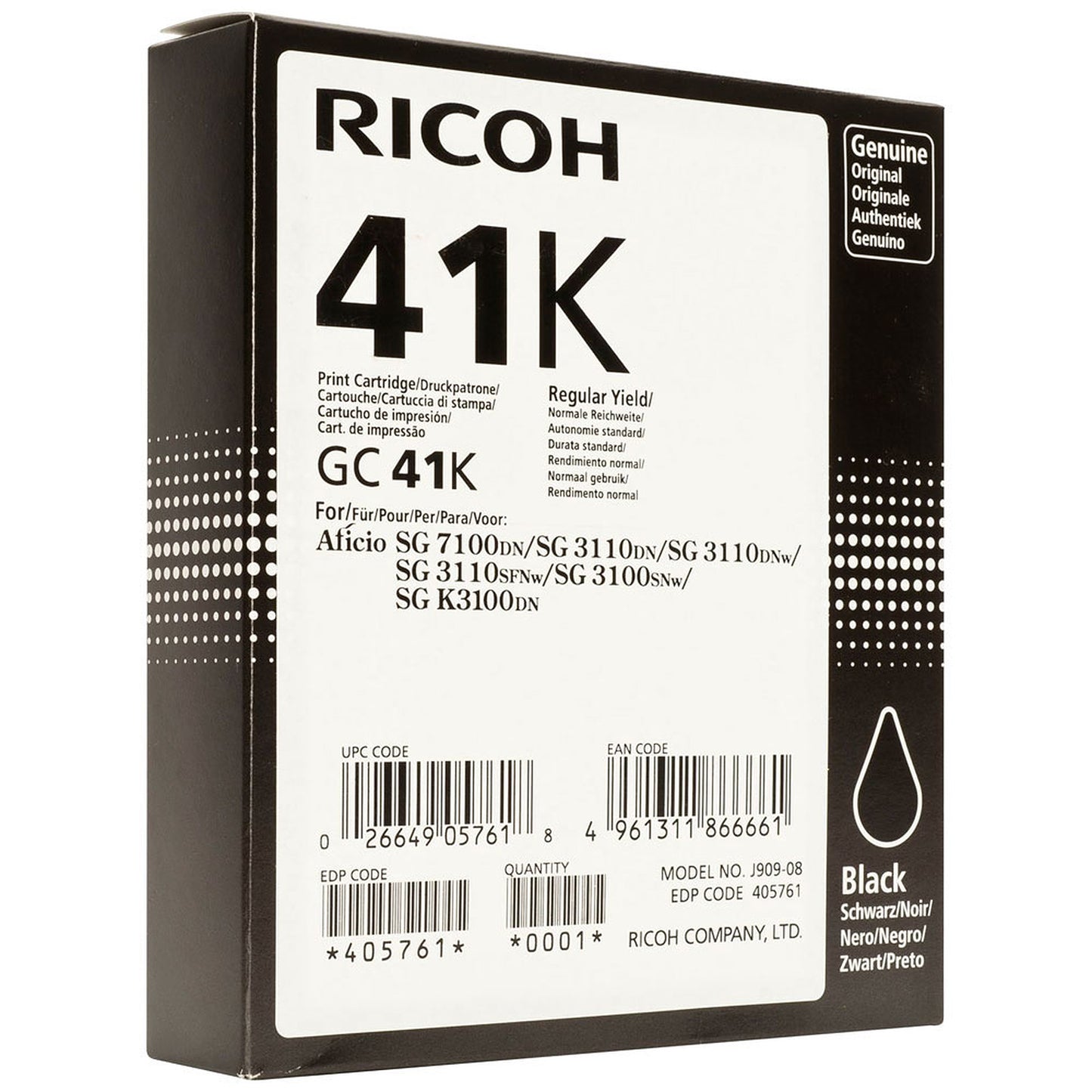 Ricoh Black Gel Ink Cartridge GC41K High Capacity 2500 Pages OEM