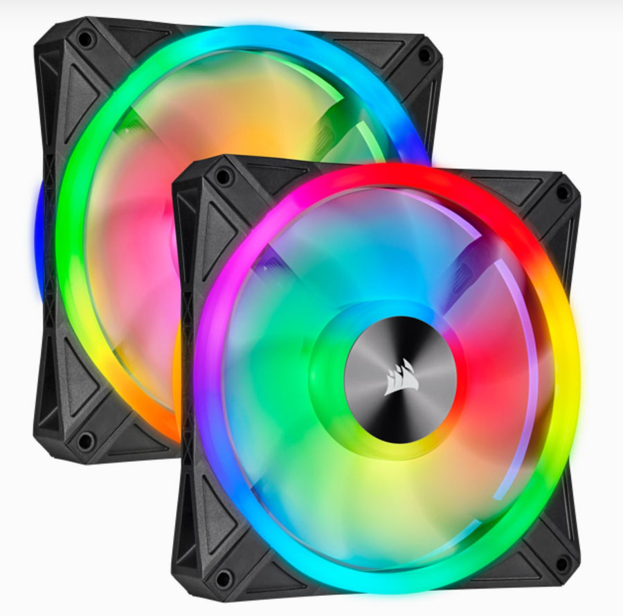 CORSAIR QL140 RGB Dual Fan Kit with Lighting Node Core, ICUE, Anti Vibration, Low-Noise 140 mm Fan Blade, RGB LED PWM Fan 26dBA, 502 CFM, 2 Fan Pack - SuperSaverAU - view 1