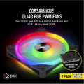 CORSAIR QL140 RGB Dual Fan Kit with Lighting Node Core, ICUE, Anti Vibration, Low-Noise 140 mm Fan Blade, RGB LED PWM Fan 26dBA, 502 CFM, 2 Fan Pack - SuperSaverAU - view 3