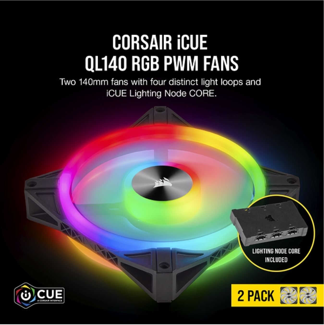 CORSAIR QL140 RGB Dual Fan Kit with Lighting Node Core, ICUE, Anti Vibration, Low-Noise 140 mm Fan Blade, RGB LED PWM Fan 26dBA, 502 CFM, 2 Fan Pack - SuperSaverAU - view 3
