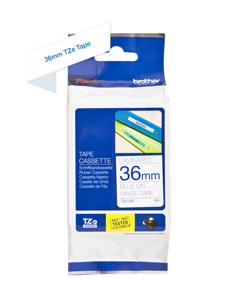 Genuine Brother TZe-263 Labelling Tape Cassette - Blue on White, 36mm, 8m - SuperSaverAU - view 1