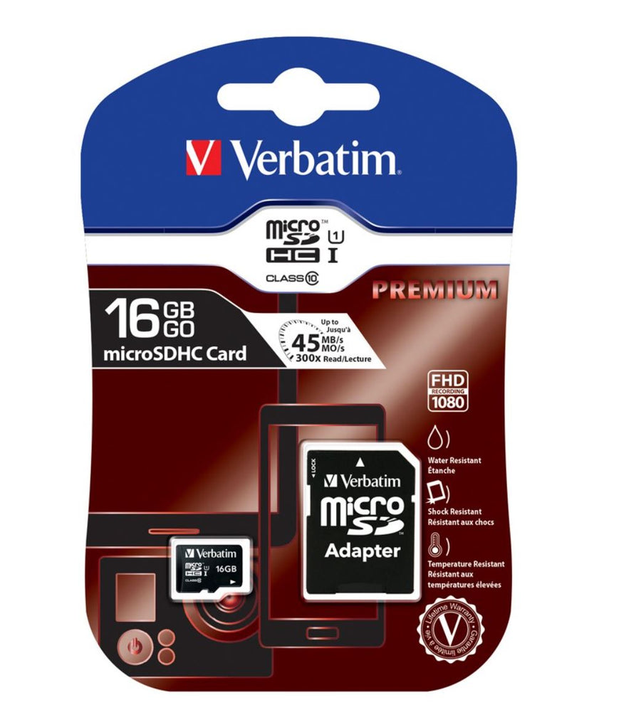 VERBATIM Micro SDHC 16GB (Class 10) with Adaptor Up to 45MB/Sec 300X read speed - SuperSaverAU - view 1