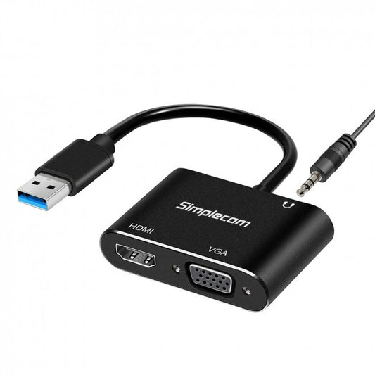 SIMPLECOM USB to HDMI + VGA Video Card Adapter 1080p with 3.5mm Audio Jack
