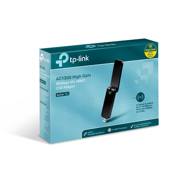 TP-LINK Archer T4U AC1300 Wireless Dual Band USB Adapter 2.4GHz (400Mbps) 5GHz (867Mbps) 1xUSB3 802.11ac Omni Directional Antenna WPS button USB Ext C - SuperSaverAU - view 1
