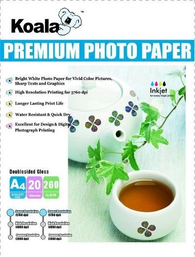 KOALA 260gsm A4 Double Sided High Gloss Photo Paper 20 Sheets - SuperSaverAU - view 1