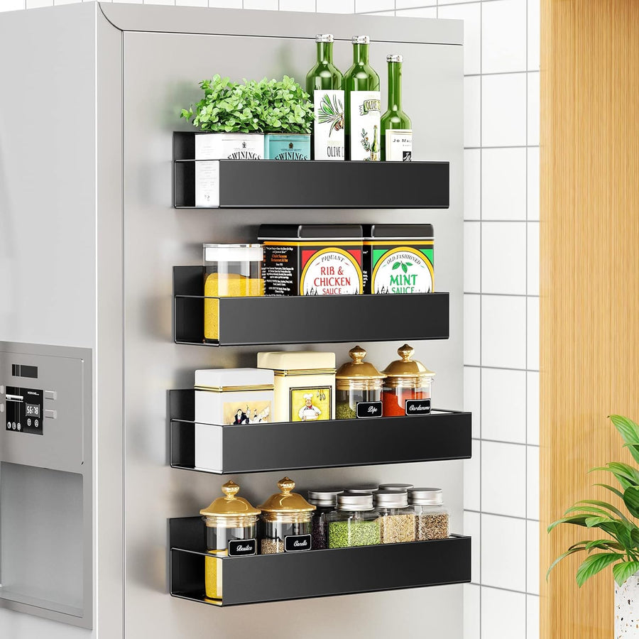 Premium Magnetic Fridge Spice Rack Set - Black, 4 Pack
