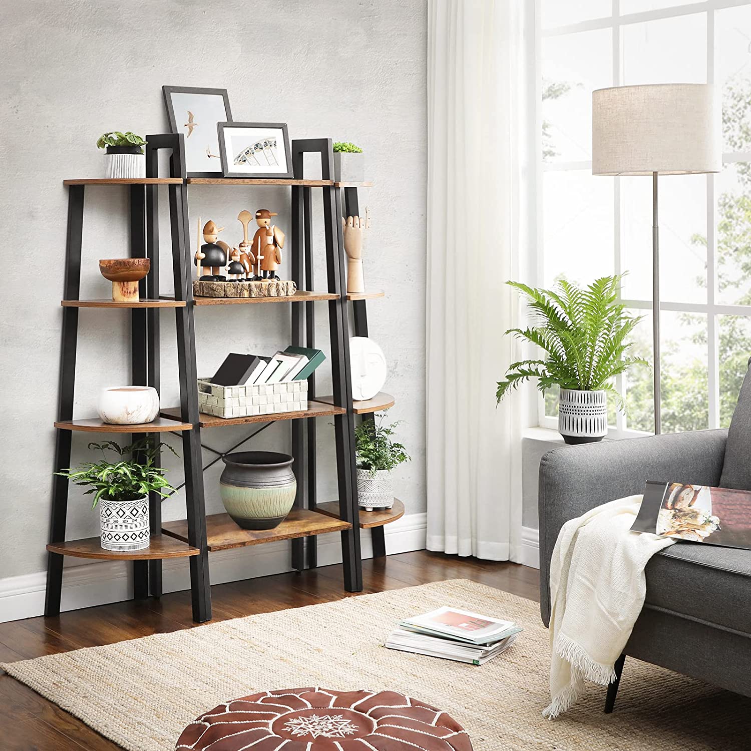 Rustic Brown and Black Metal Frame 4-Tier Bookshelf - SuperSaverAU - view 4