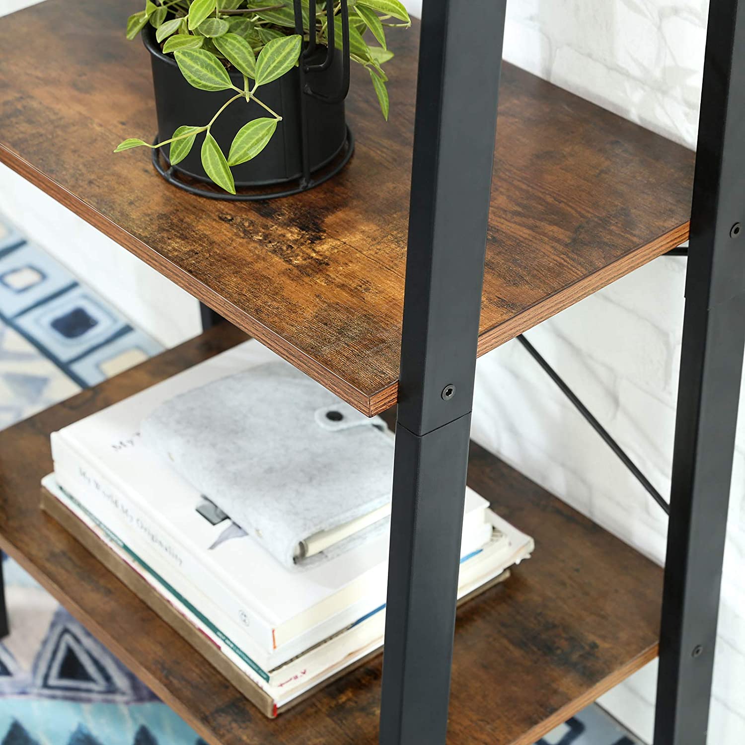 Rustic Brown and Black Metal Frame 4-Tier Bookshelf - SuperSaverAU - view 7