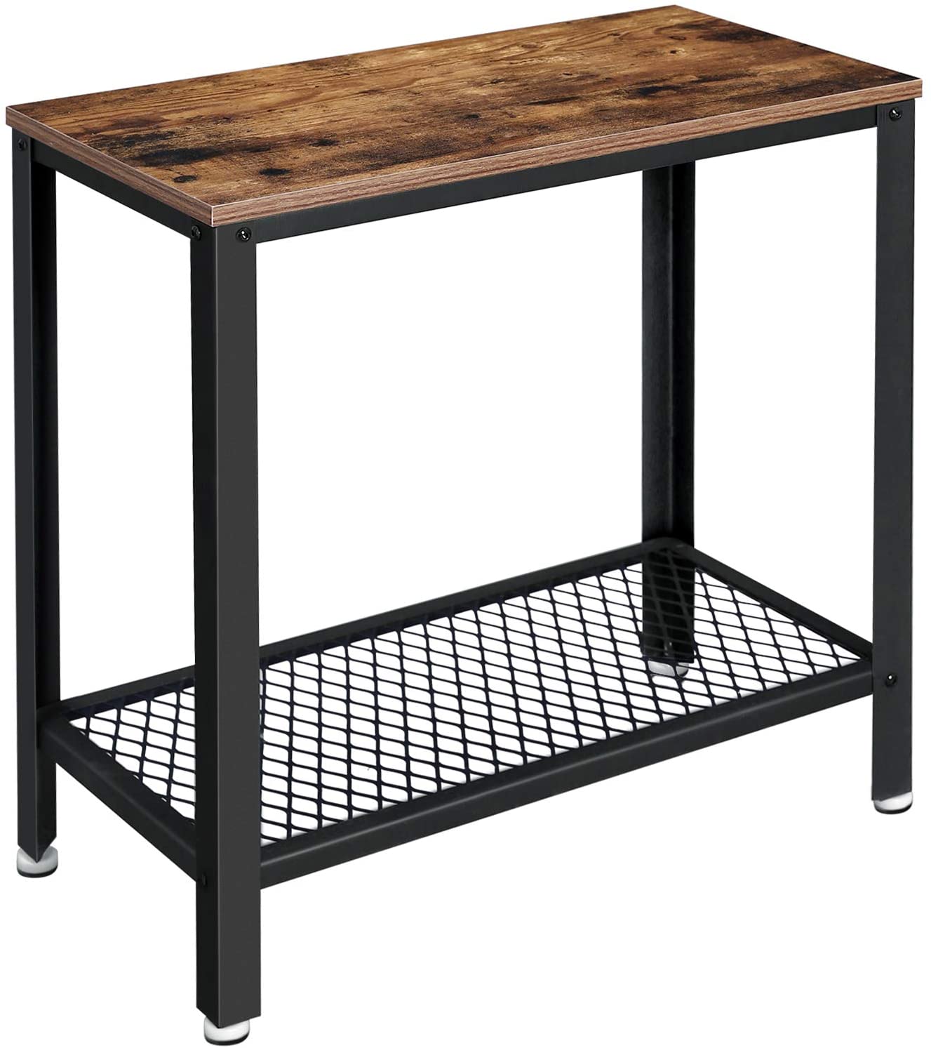 Industrial Side Table 2-Tier with Mesh Shelf and Metal Frame - Rustic Brown