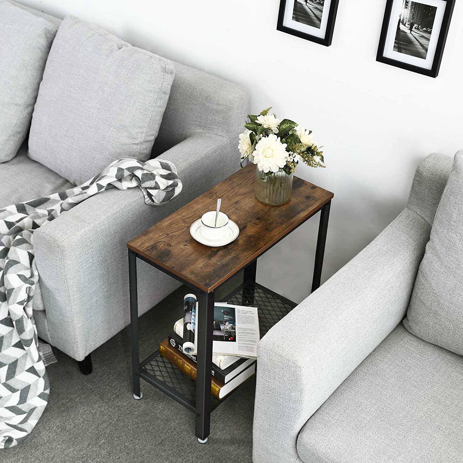 Industrial Side Table 2-Tier with Mesh Shelf and Metal Frame - Rustic Brown - SuperSaverAU - view 3