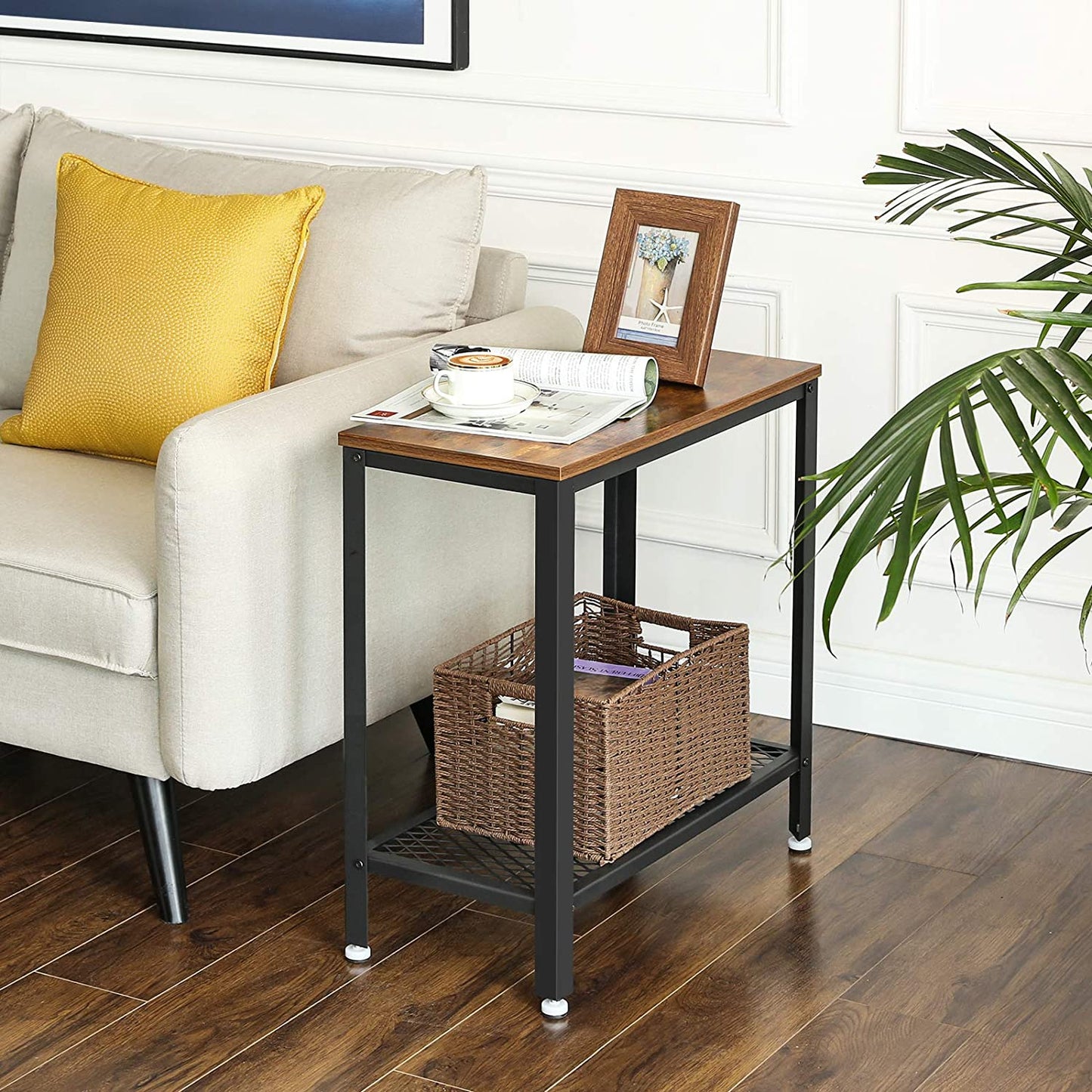 Industrial Side Table 2-Tier with Mesh Shelf and Metal Frame - Rustic Brown