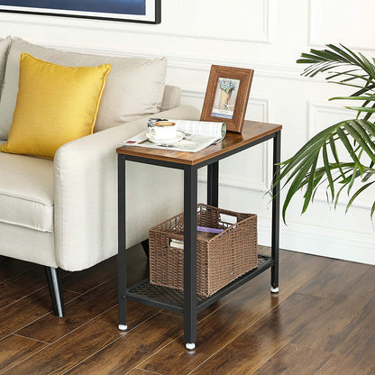 Industrial Side Table 2-Tier with Mesh Shelf and Metal Frame - Rustic Brown