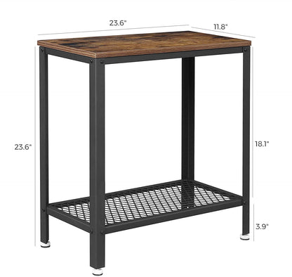 Industrial Side Table 2-Tier with Mesh Shelf and Metal Frame - Rustic Brown