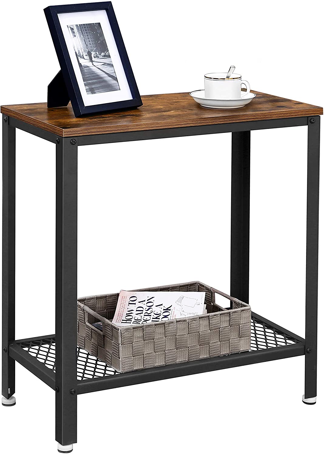 Industrial Side Table 2-Tier with Mesh Shelf and Metal Frame - Rustic Brown