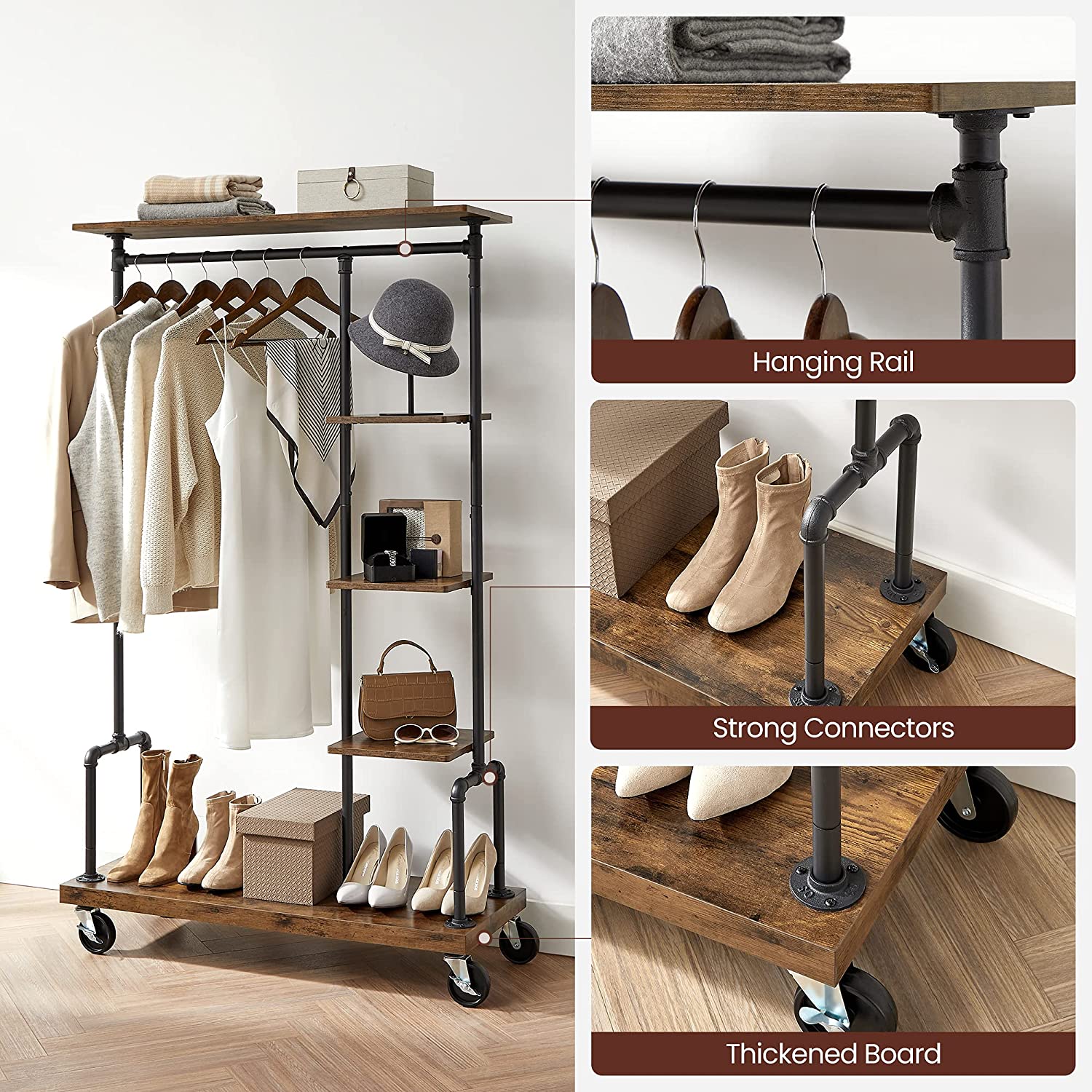 Clothing Garment Rack on Wheels, 5-Tier, Industrial Pipe Style, Rustic Brown, 103.4x39.9x174.5 cm - SuperSaverAU - view 2