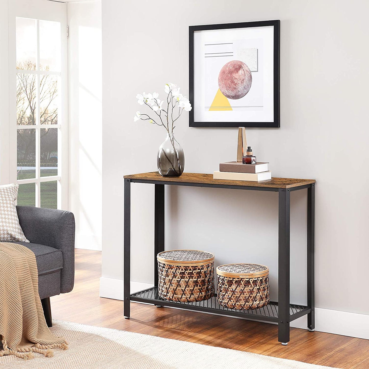 Rustic Brown Console Table with Metal Frame